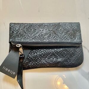 Treesje Woven Black Leather Clutch